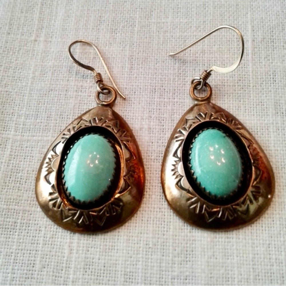 Native American Teddy Goodluck Navajo Vintage Turquoise 12 Kt Gold Earrings - Picture 7 of 10